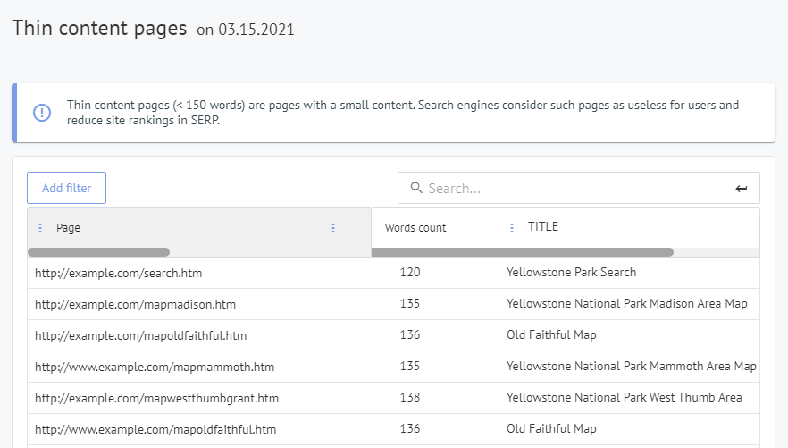 Ilustracja przedstawiająca przykłady stron z cienką zawartością, takich jak strony z brakiem wartościowej treści
