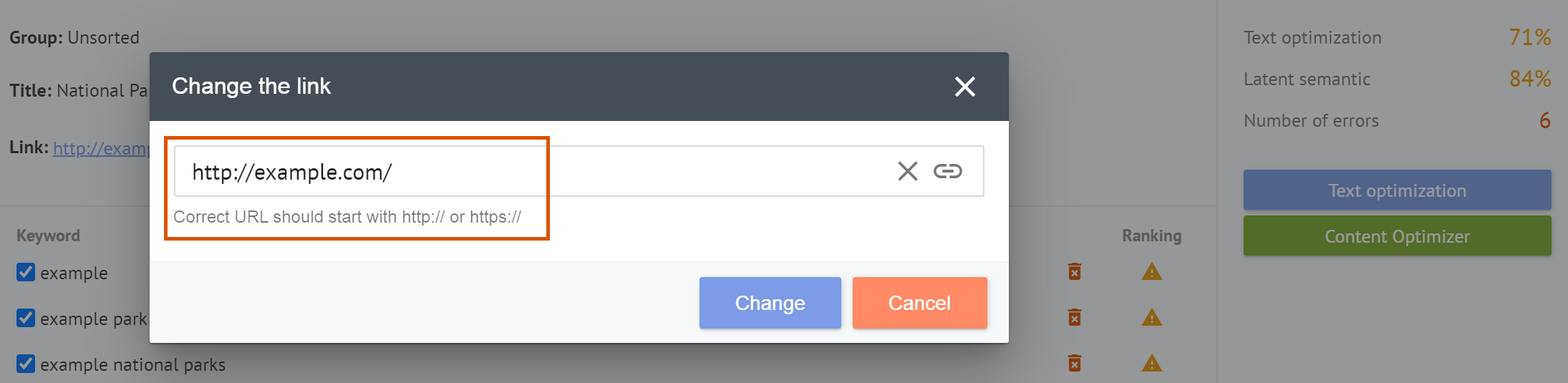 Potwierdzenie zmiany URL grupy słów kluczowych w Labrika