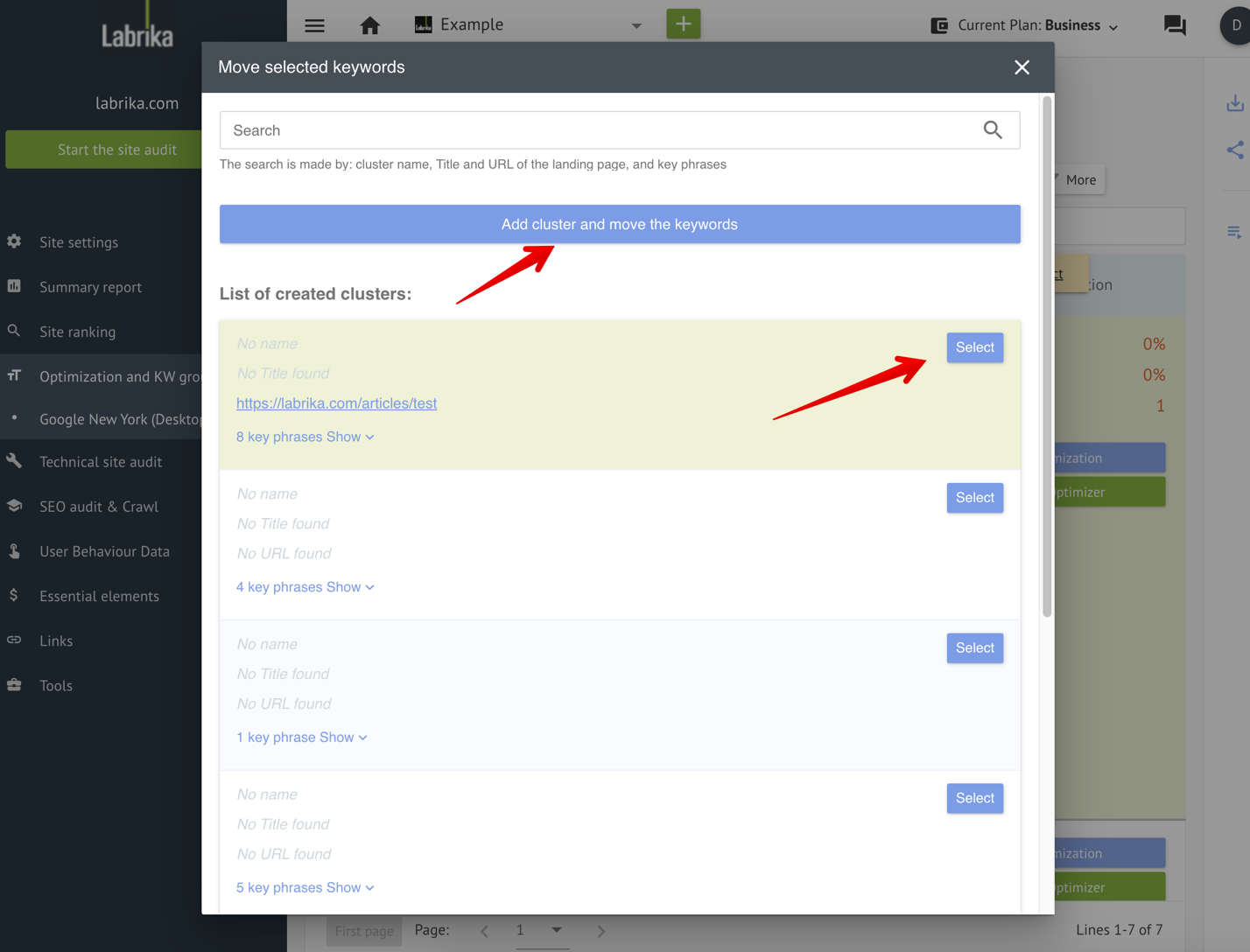 Ekran wyboru grupy słów kluczowych do przeniesienia w Labrika