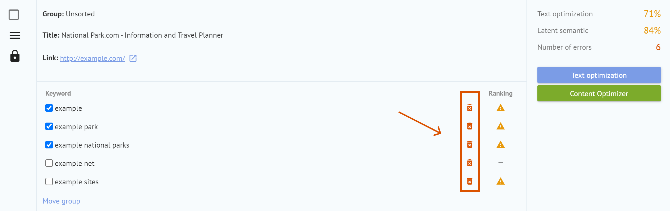Opcja usuwania słów kluczowych z grupy w Labrika