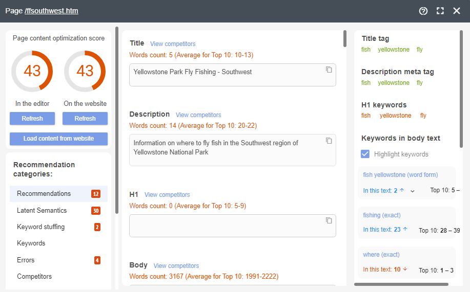Zrzut ekranu optymalizatora słów kluczowych w Labrika, narzędzia do wyboru naturalnych słów kluczowych dla meta tagów