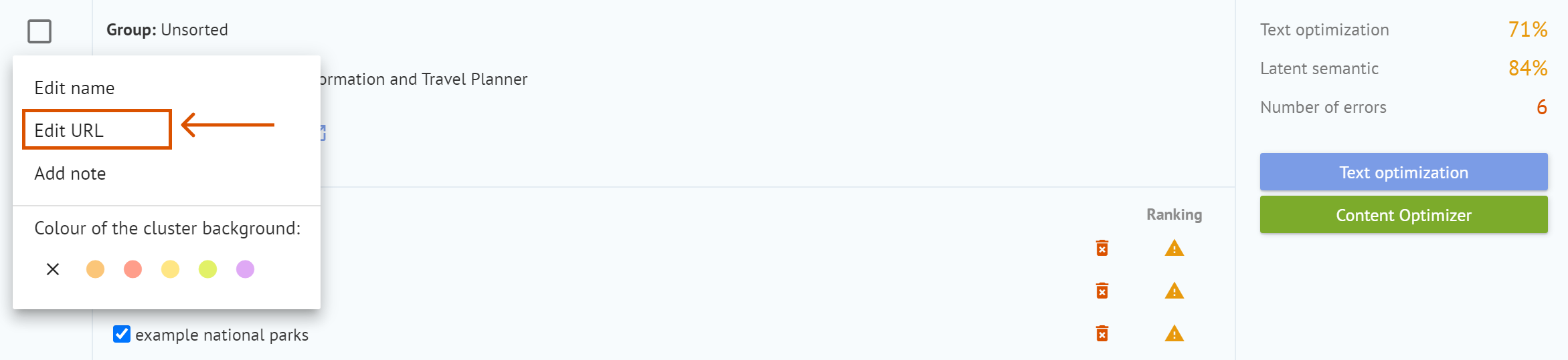 Ekran edycji URL dla grupy słów kluczowych w Labrika