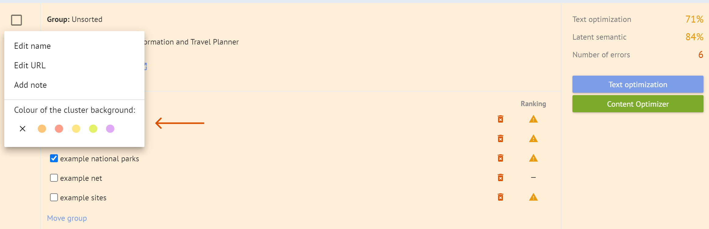 Dodatkowe opcje edycji grupy słów kluczowych