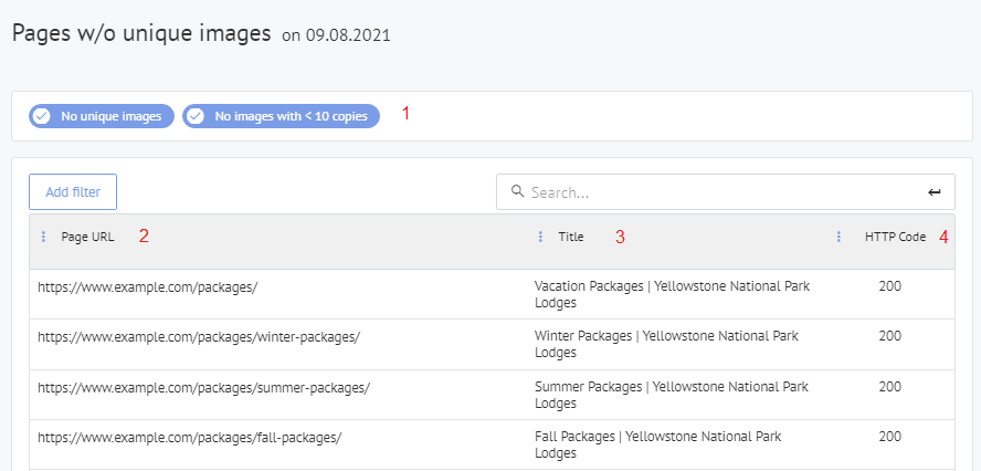Zrzut ekranu raportu stron bez unikalnych obrazów, pokazujący segmentację danych, URL strony, tytuł meta i kod odpowiedzi serwera